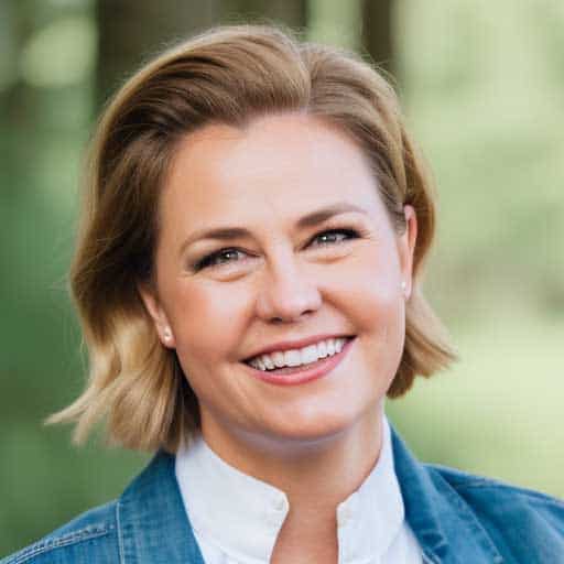 a woman with blonde hair smiling at the camera